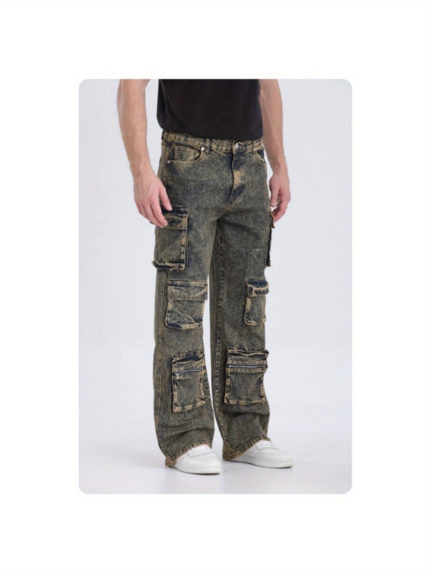 Large Men's Urban Chic Street Style Denim Jeans - Loose Fit, Multi-Pocket