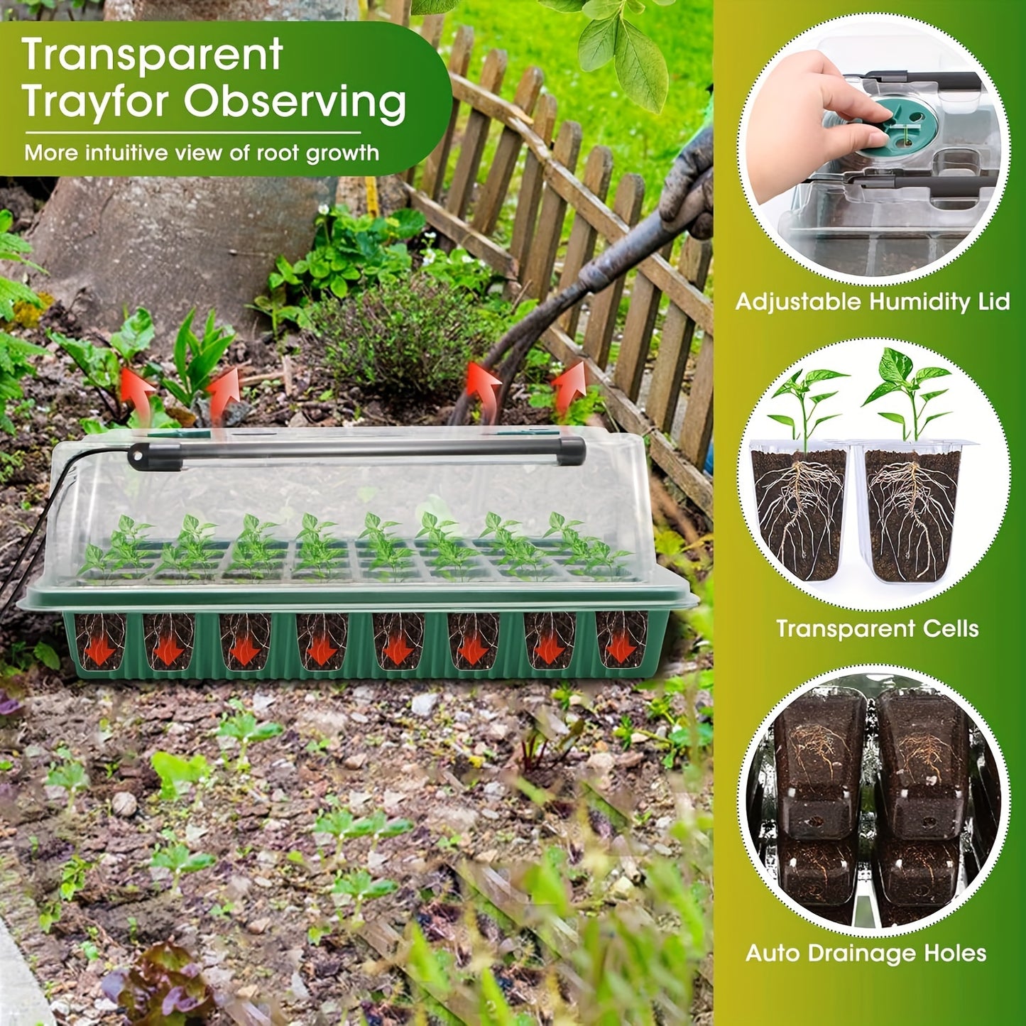 A Set of 4 Seed Germination Trays, Equipped with a High Dome Seed Germination Kit Featuring 160 Cells, 8 LED Grow Lights, a Smart Timer, And 3 Modes,
