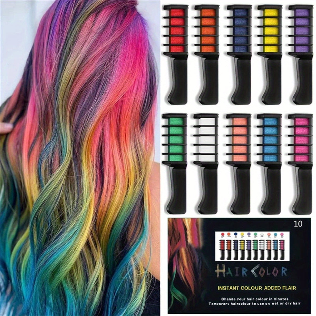 10 Color Hair Chalk Comb, Y2K Hair Chalk Comb, Temporary Washable Hair Color Dye For Birthday Halloween Christmas