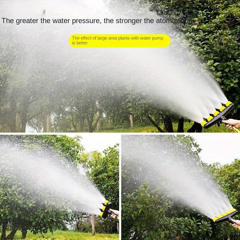 Multi-Head Garden Hose Nozzle Sprayer with Adjustable Spray Patterns, Durable Black & Yellow Plastic.
