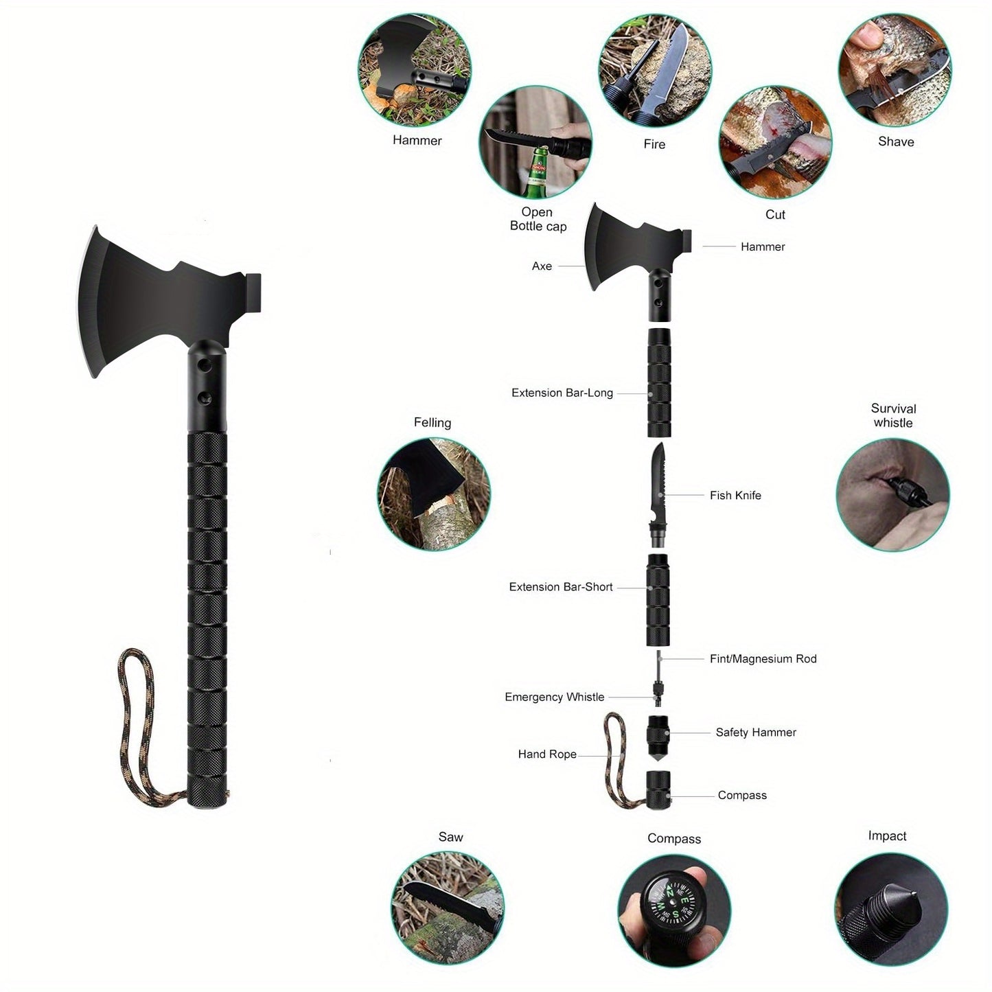 Ultimate Survival Axe Kit, Multitool Folding Axe with Hammer.