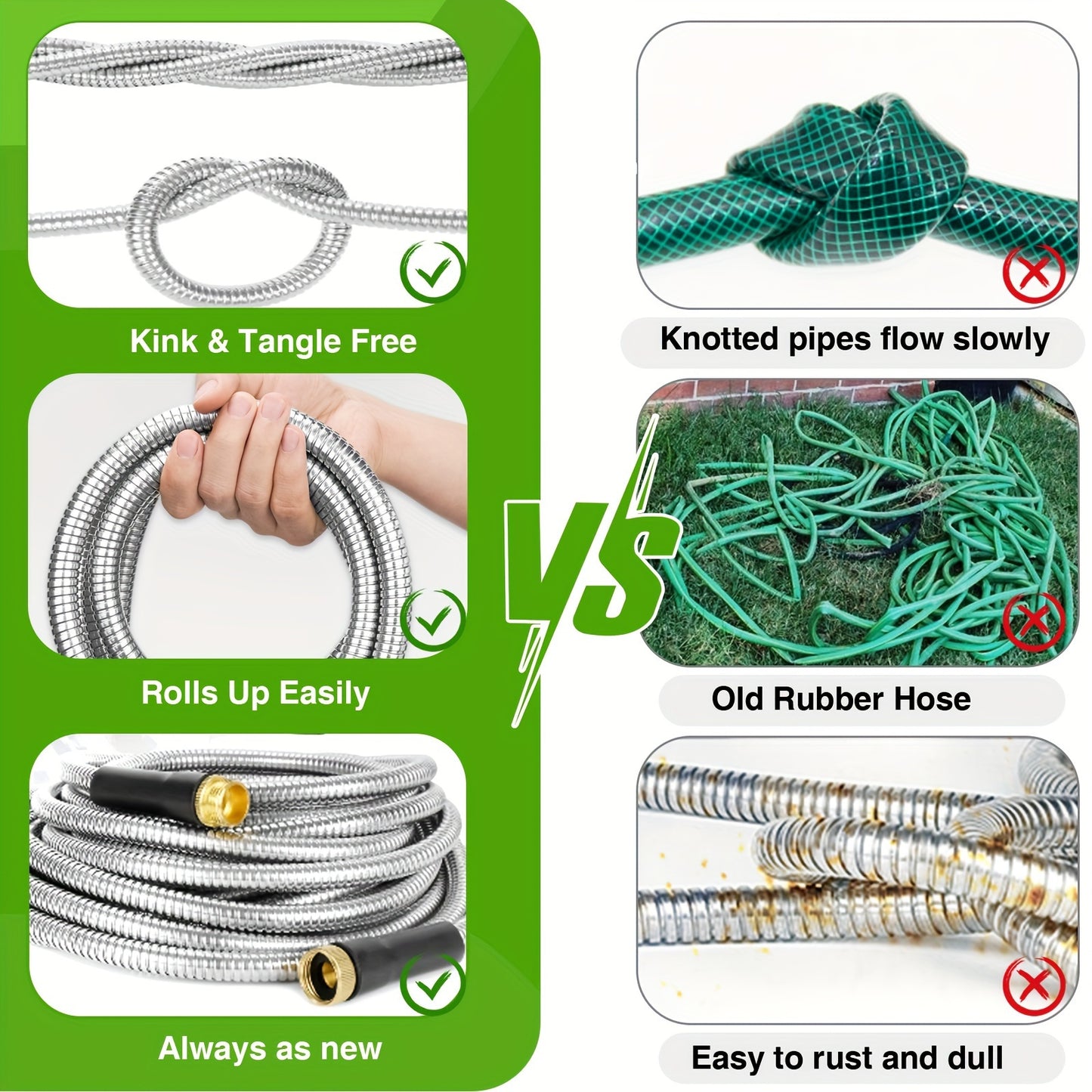 100ft Heavy-Duty Stainless Steel Garden Hose - Flexible, Puncture-Resistant & Rustproof with 10 Multi-Function Nozzles.