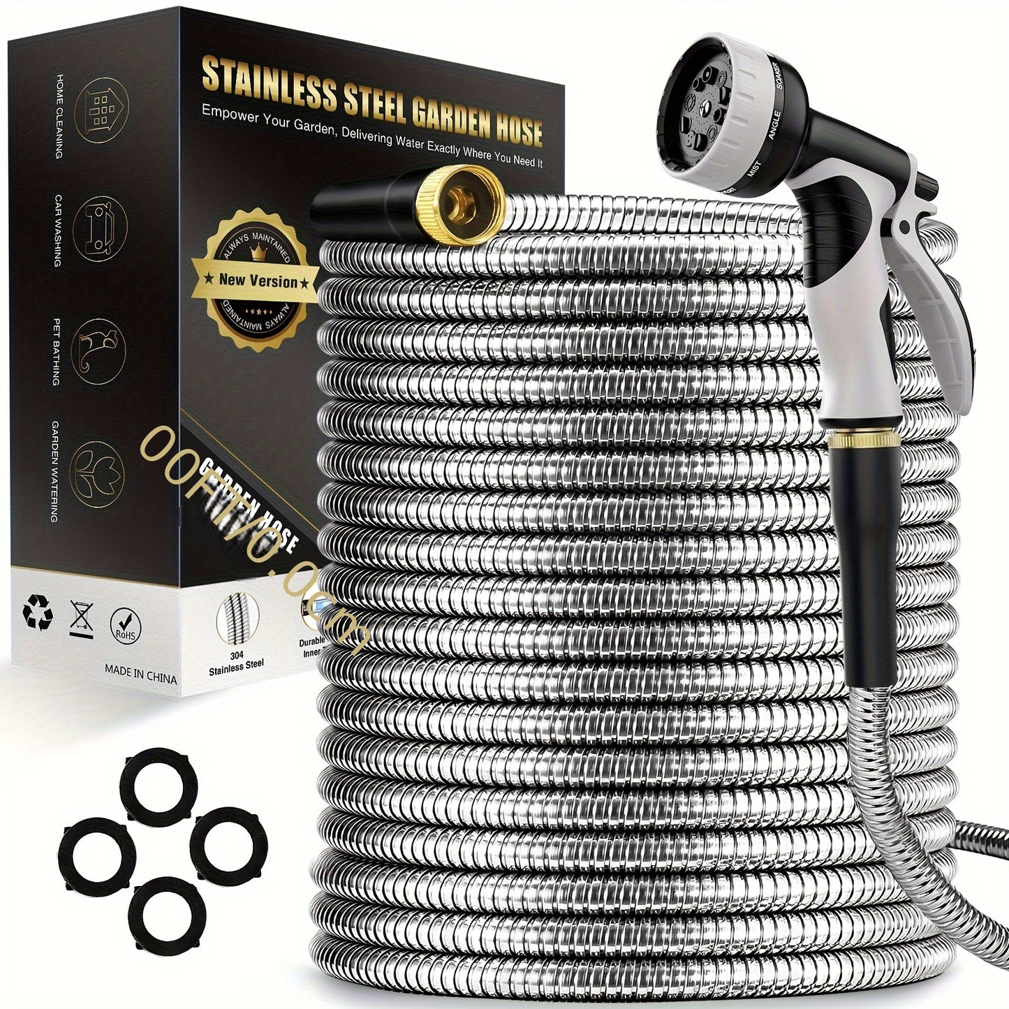 100ft Heavy-Duty Stainless Steel Garden Hose - Flexible, Puncture-Resistant & Rustproof with 10 Multi-Function Nozzles.