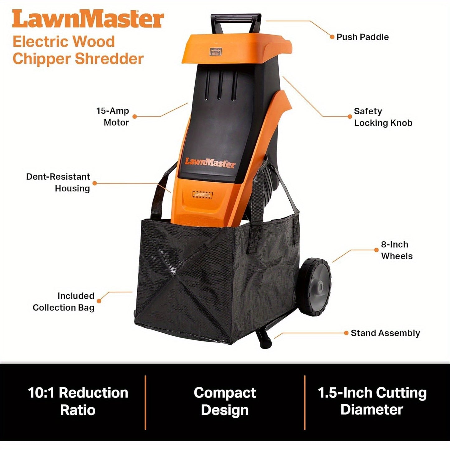LawnMaster FD1501 Electric Wood Chipper Shredder 15-Amp 1.5-Inch Cutting Diameter Max 10:1 Reduction