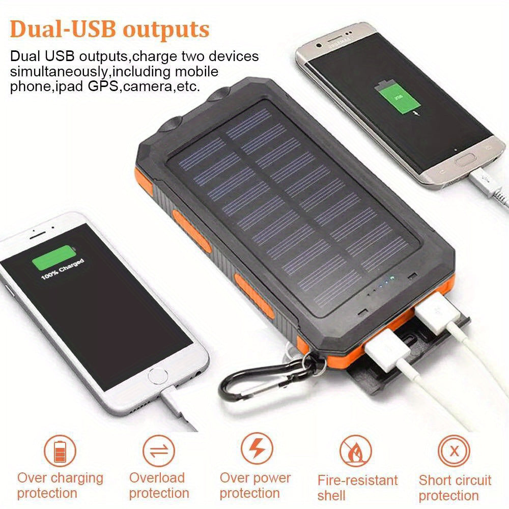 30000mAh Super USB Portable Solar Power Bank with LED Flashlight and Carabiner for Cell Phones.