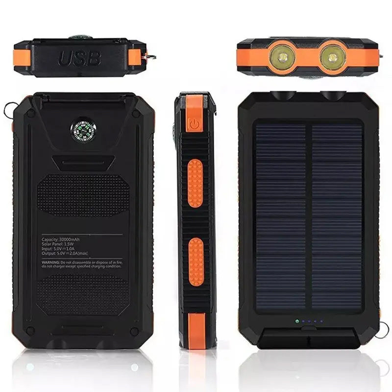 30000mAh Super USB Portable Solar Power Bank with LED Flashlight and Carabiner for Cell Phones.