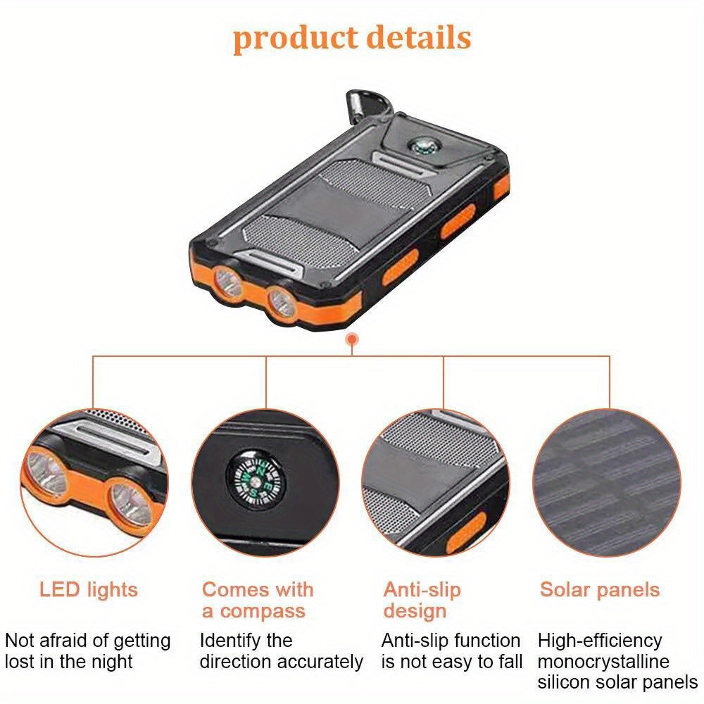 30000mAh Super USB Portable Solar Power Bank with LED Flashlight and Carabiner for Cell Phones.