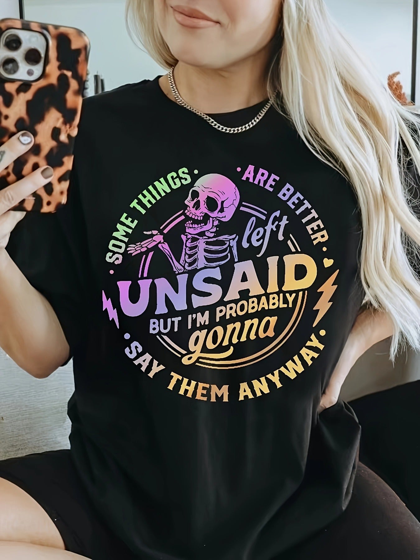 "Skeleton Graphic Tee: ""Some Things Are Better Left Unsaid"" - Short Sleeve Shirt