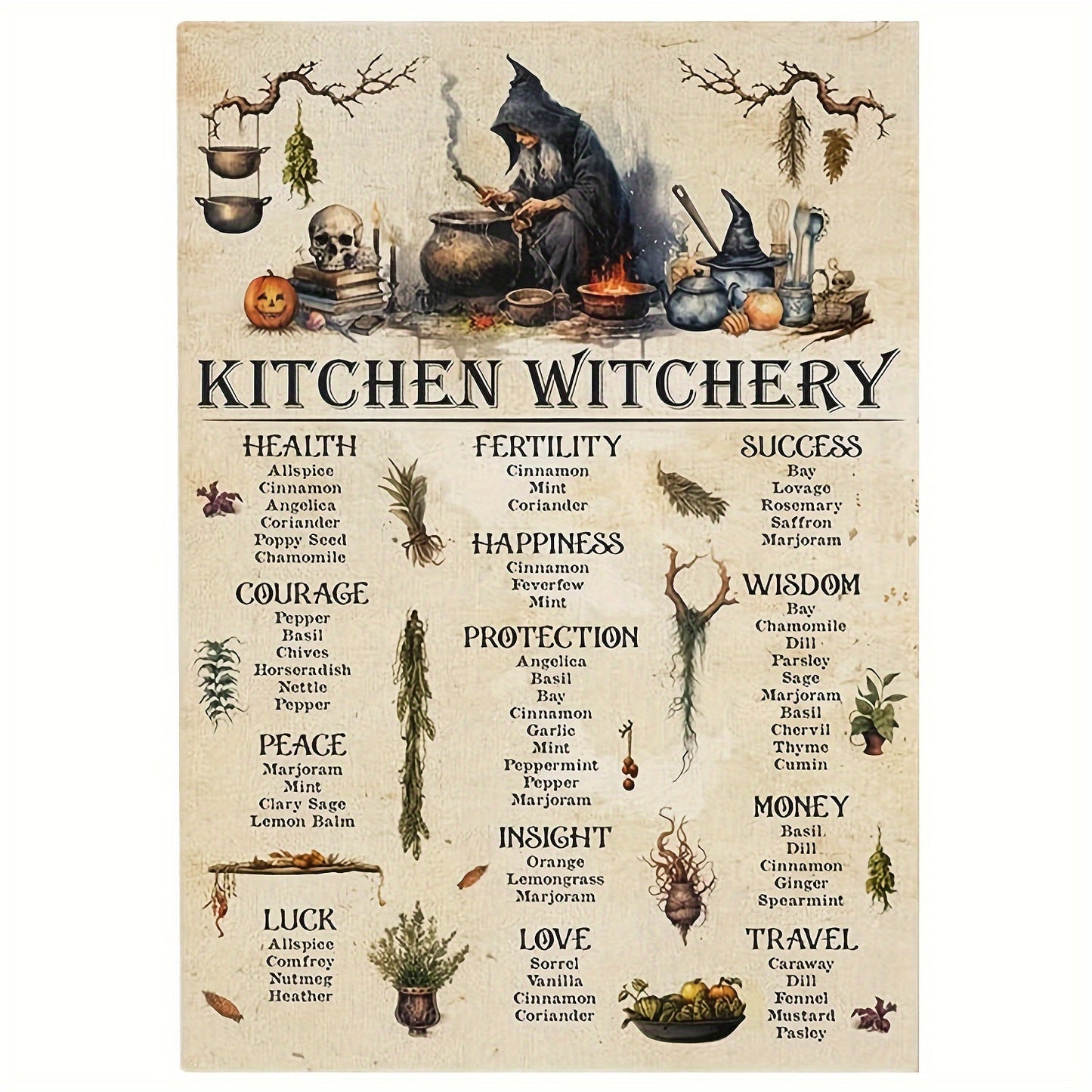 Kitchen Witchcraft Iron Plate Metal Painting Art - Wall Mounted Multipurpose Decorative Signs with Herbal Magic Guide to Health, Fertility and Success, Witchcraft Kitchen Decorations, Halloween Art, W