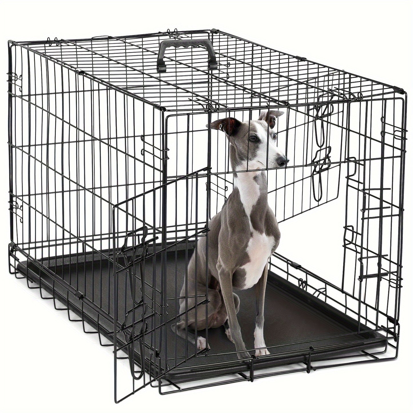 Folding Dog Crate with Double Doors, Divider Panel, Removable Tray