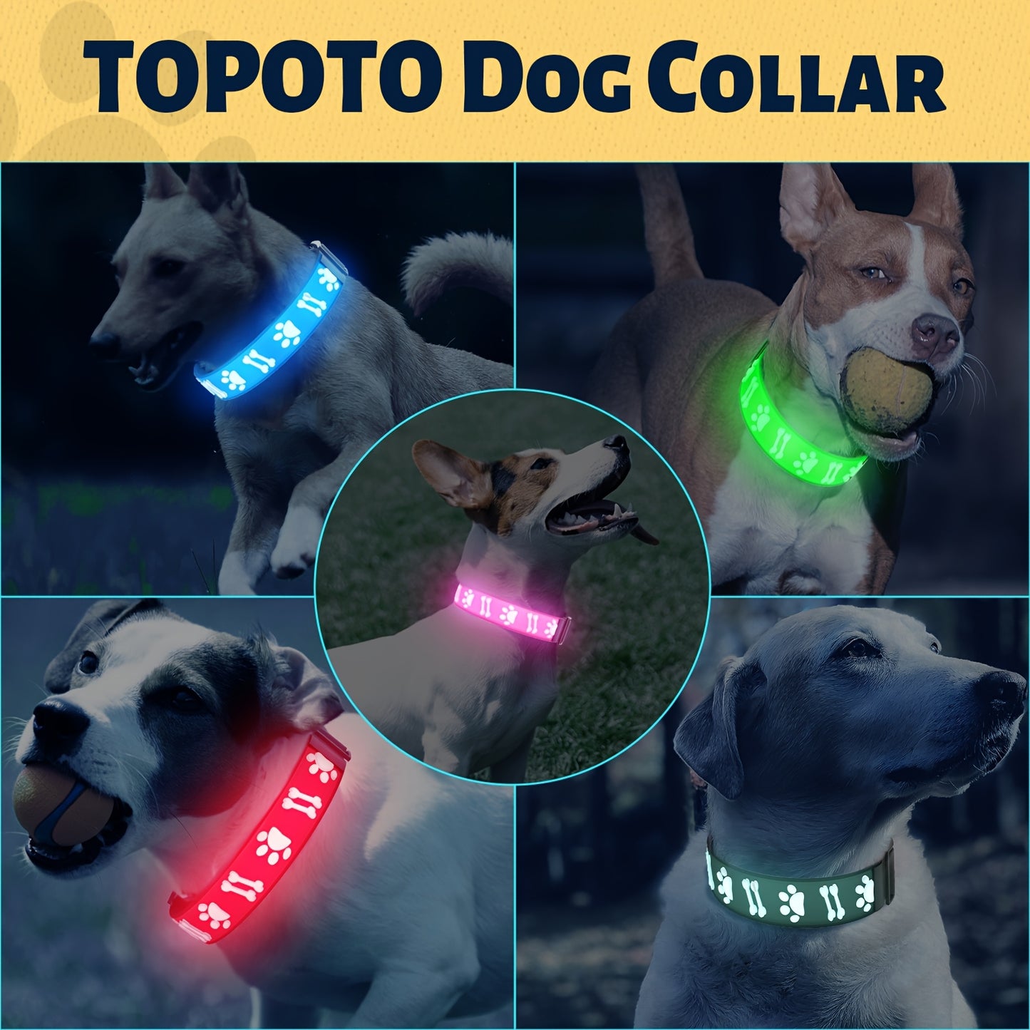 LED Light Up Dog Collar Adjustable USB Rechargeable Super Bright Glowing Collars for Dogs, Made of Soft Material, with 15 Luminous Modes