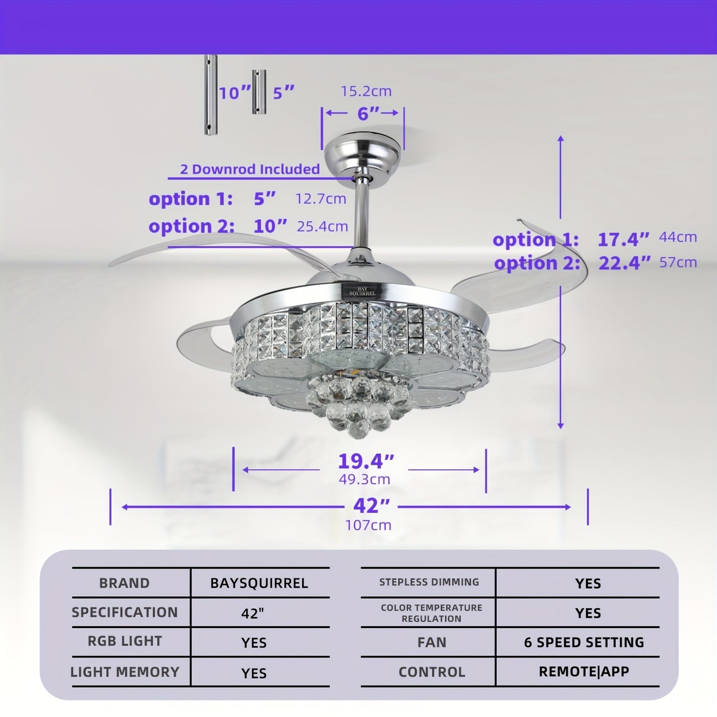 Elegant 42in Retractable Crystal Ceiling Fan with LED Lights - Remote & App Control.