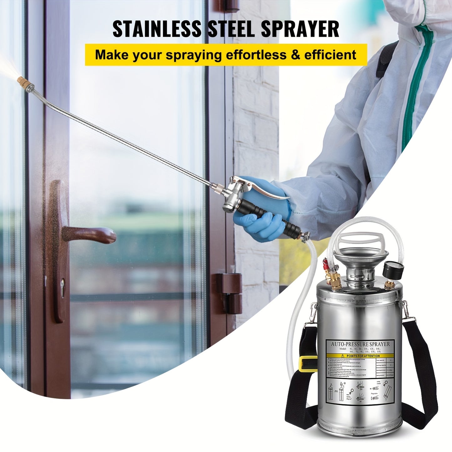 1.5 Gallon Stainless Steel Sprayer, 16" Wand, 3.3FT Reinforced Hose, Hand Pump with Pressure Gauge,