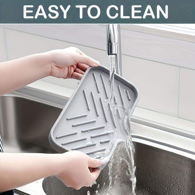 One Silicone Kitchen Sink Tray, Soap Box Holder With Drain, Countertop Sink Cleaning Mat For Brushes, Sponges And Soap,