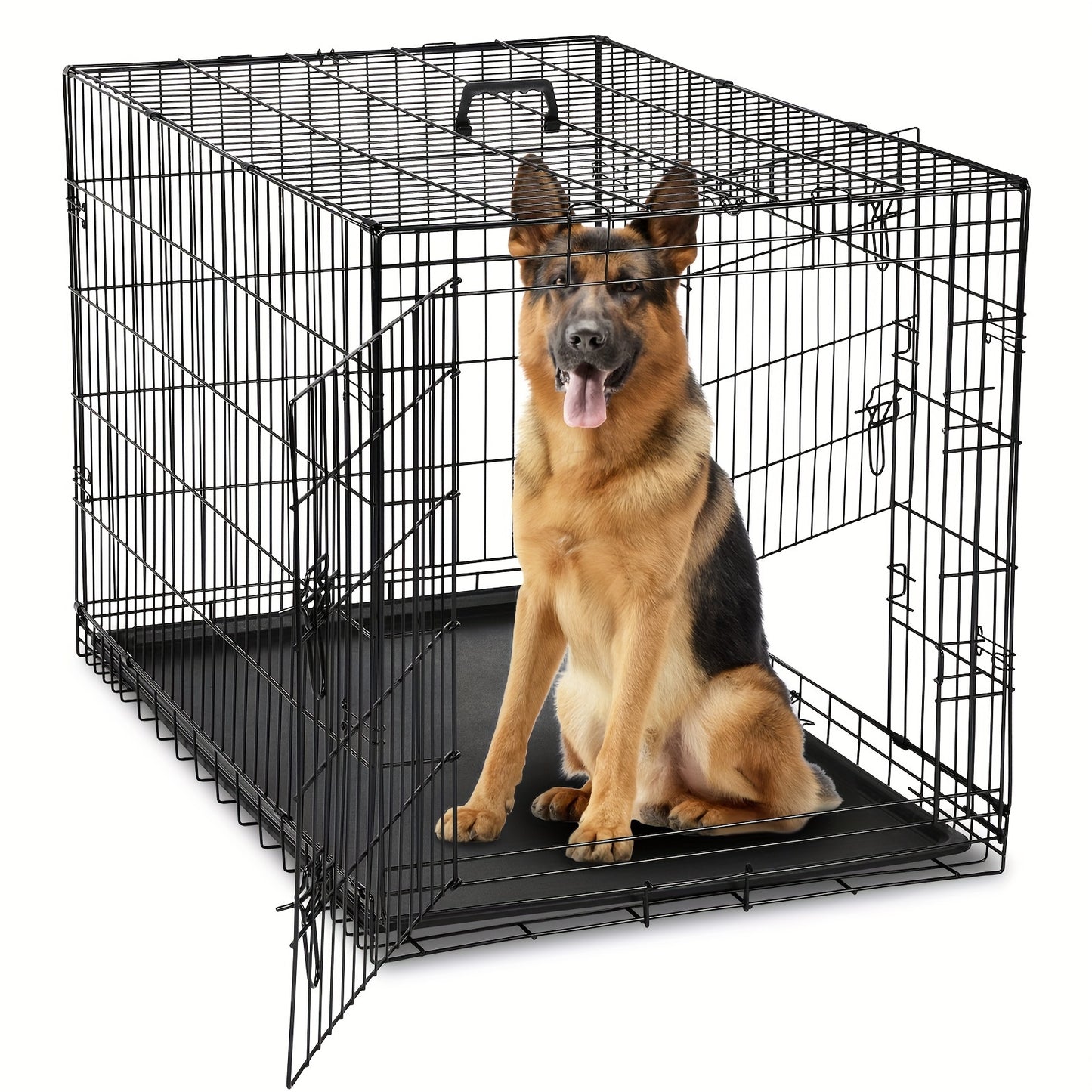 Folding Dog Crate with Double Doors, Divider Panel, Removable Tray