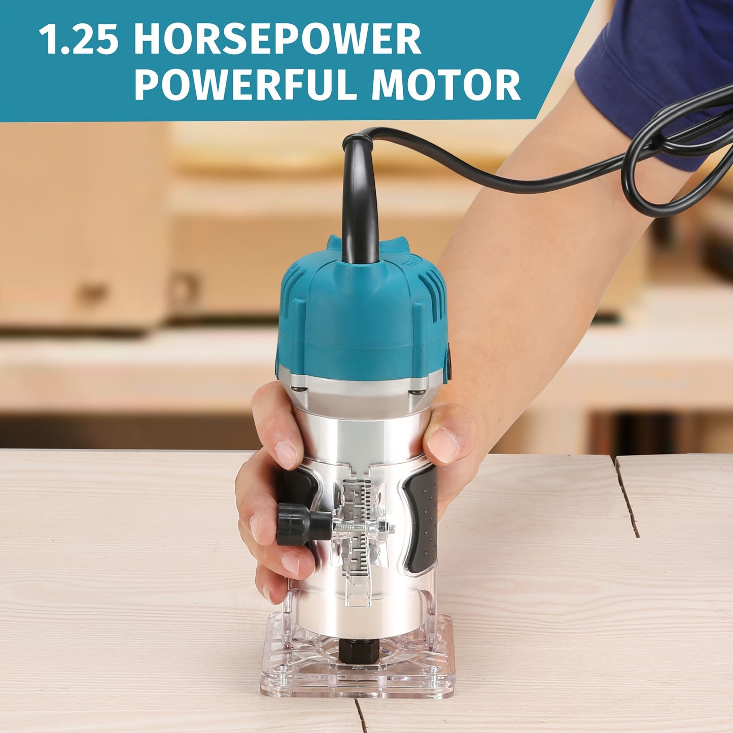 800W Compact Wood Router - 110V, Plug-In Handheld Trimmer for Woodworking.