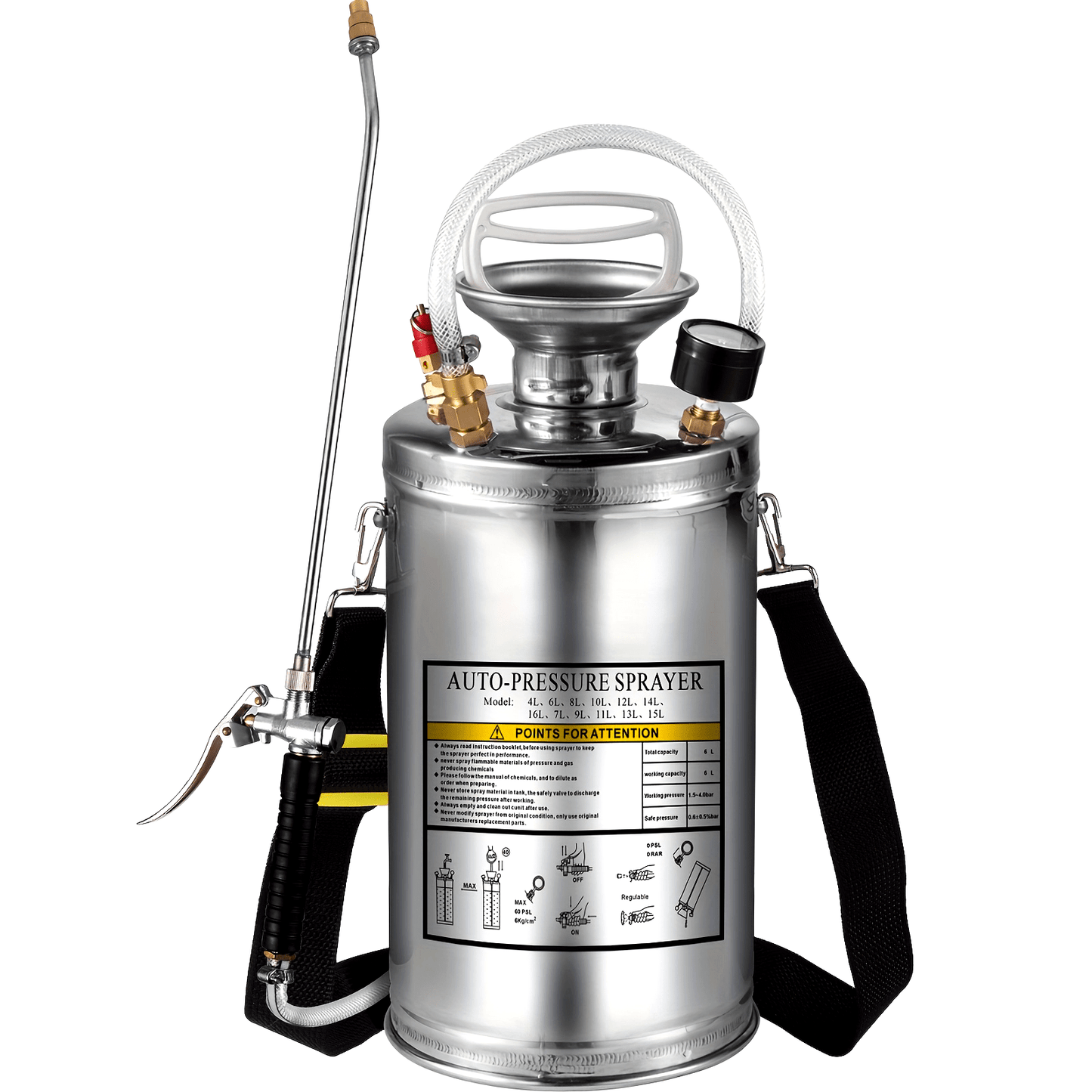 1.5 Gallon Stainless Steel Sprayer, 16" Wand, 3.3FT Reinforced Hose, Hand Pump with Pressure Gauge,
