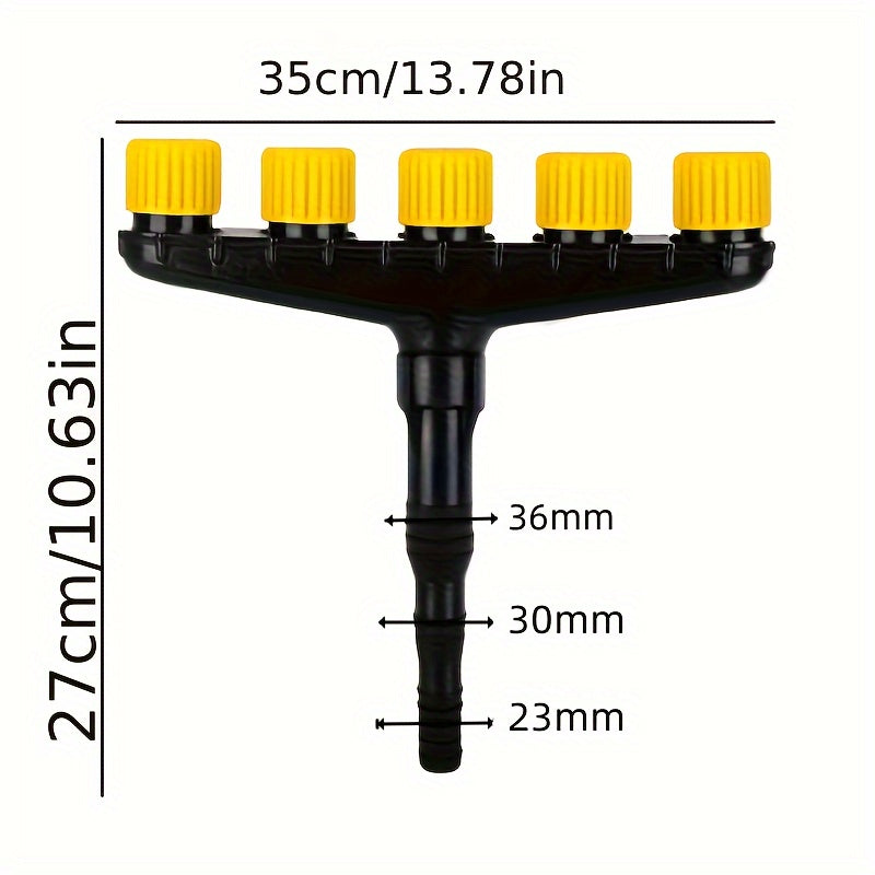 Multi-Head Garden Hose Nozzle Sprayer with Adjustable Spray Patterns, Durable Black & Yellow Plastic.