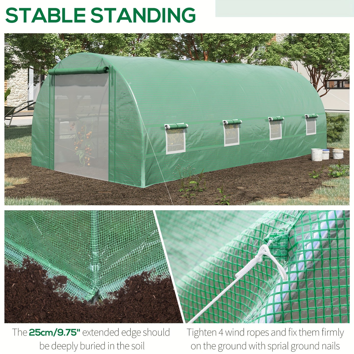 19' x 10' x 7' Walk-In Tunnel Greenhouse with Zippered Door & 8 Mesh Windows, Large Garden Hot House Kit, Galvanized Steel Frame