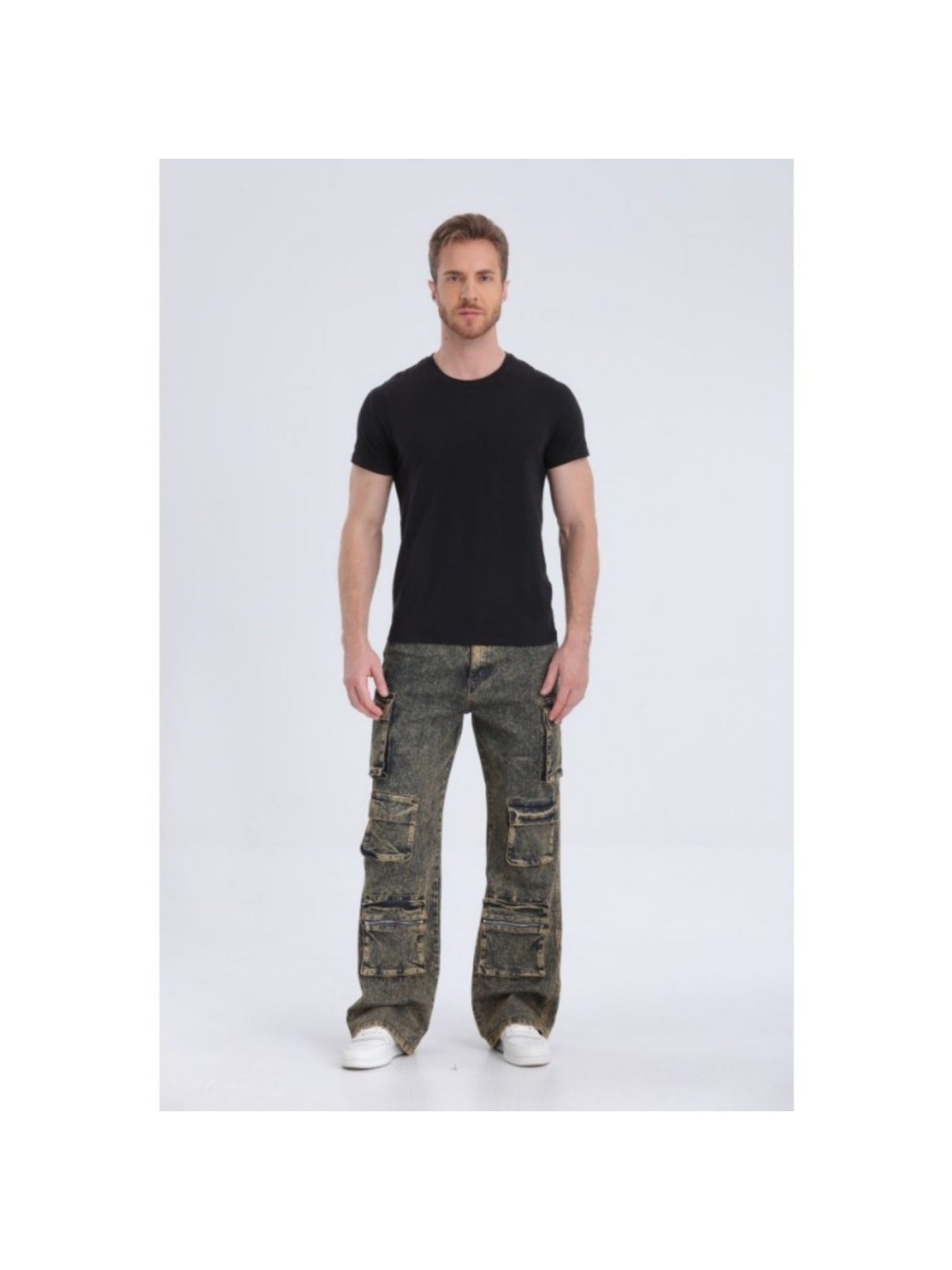 Large Men's Urban Chic Street Style Denim Jeans - Loose Fit, Multi-Pocket