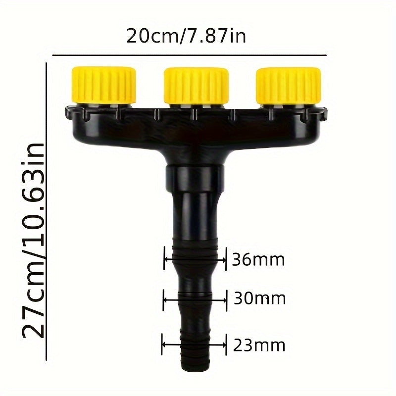 Multi-Head Garden Hose Nozzle Sprayer with Adjustable Spray Patterns, Durable Black & Yellow Plastic.