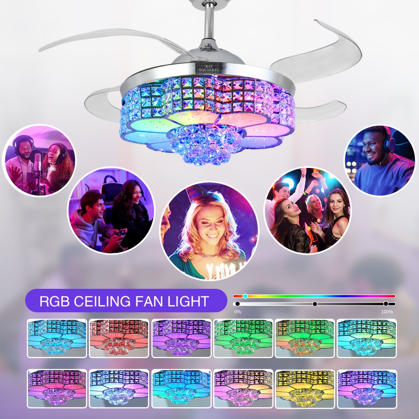 Elegant 42in Retractable Crystal Ceiling Fan with LED Lights - Remote & App Control.