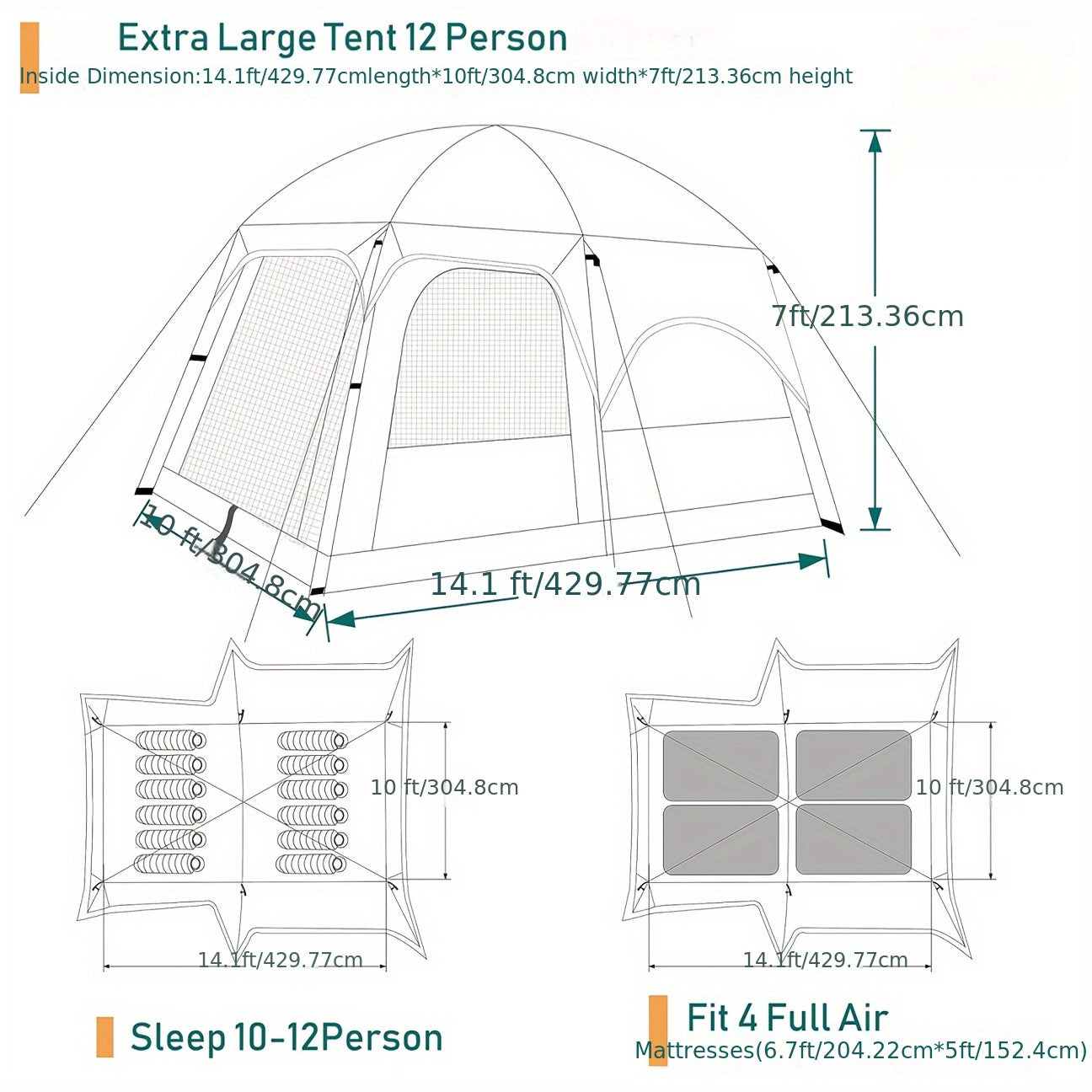 10-12 People Extra Large Family Cabin Tent, Waterproof, Double Layer