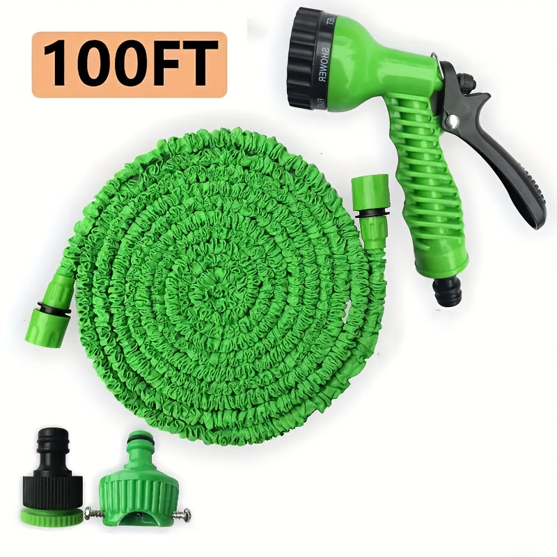 100ft Heavy-Duty Stainless Steel Garden Hose - Flexible, Puncture-Resistant & Rustproof with 10 Multi-Function Nozzles.