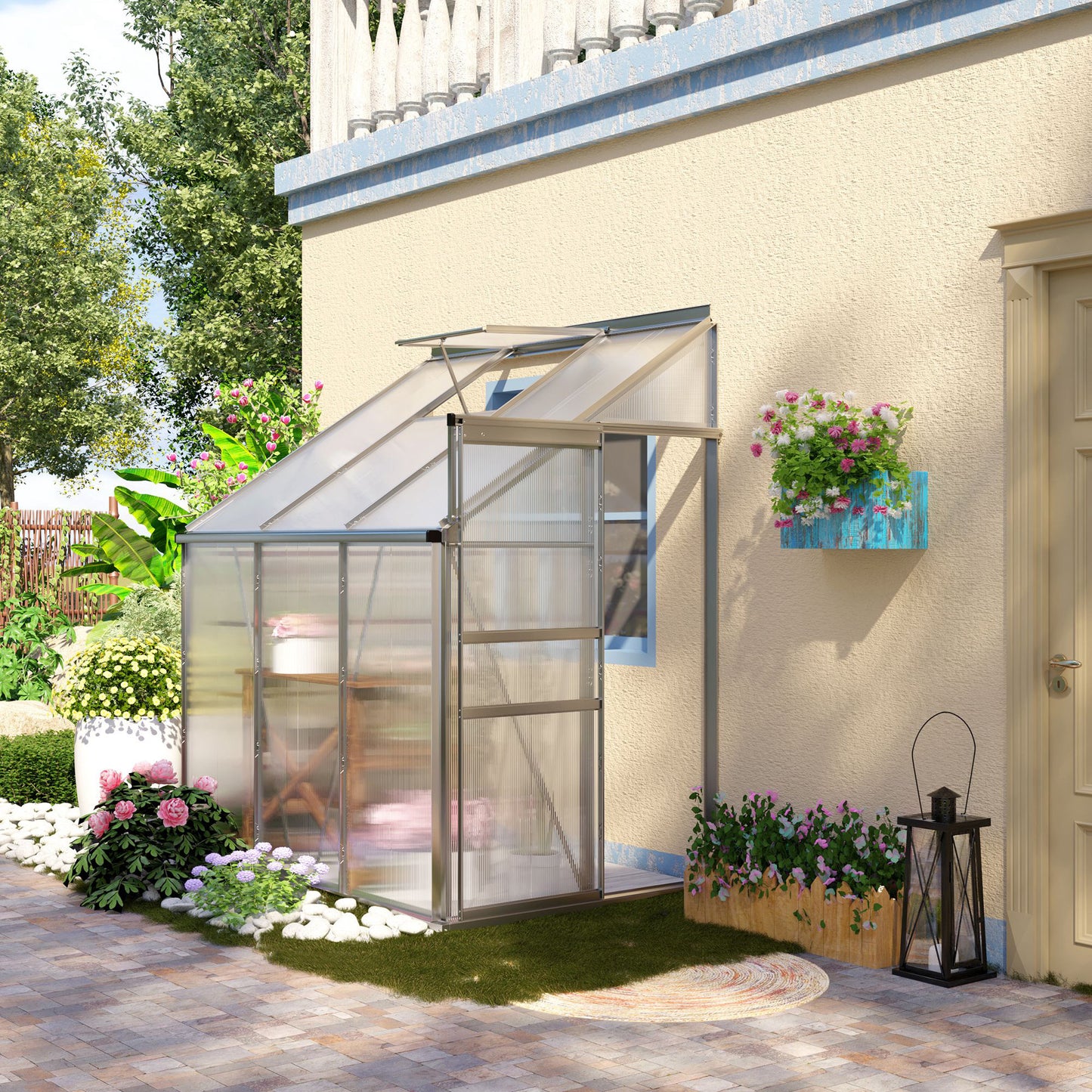 6' x 4' Aluminum Lean-to Greenhouse Polycarbonate Walk-in Garden Greenhouse with Adjustable Roof Vent, Rain Gutter and Sliding Door