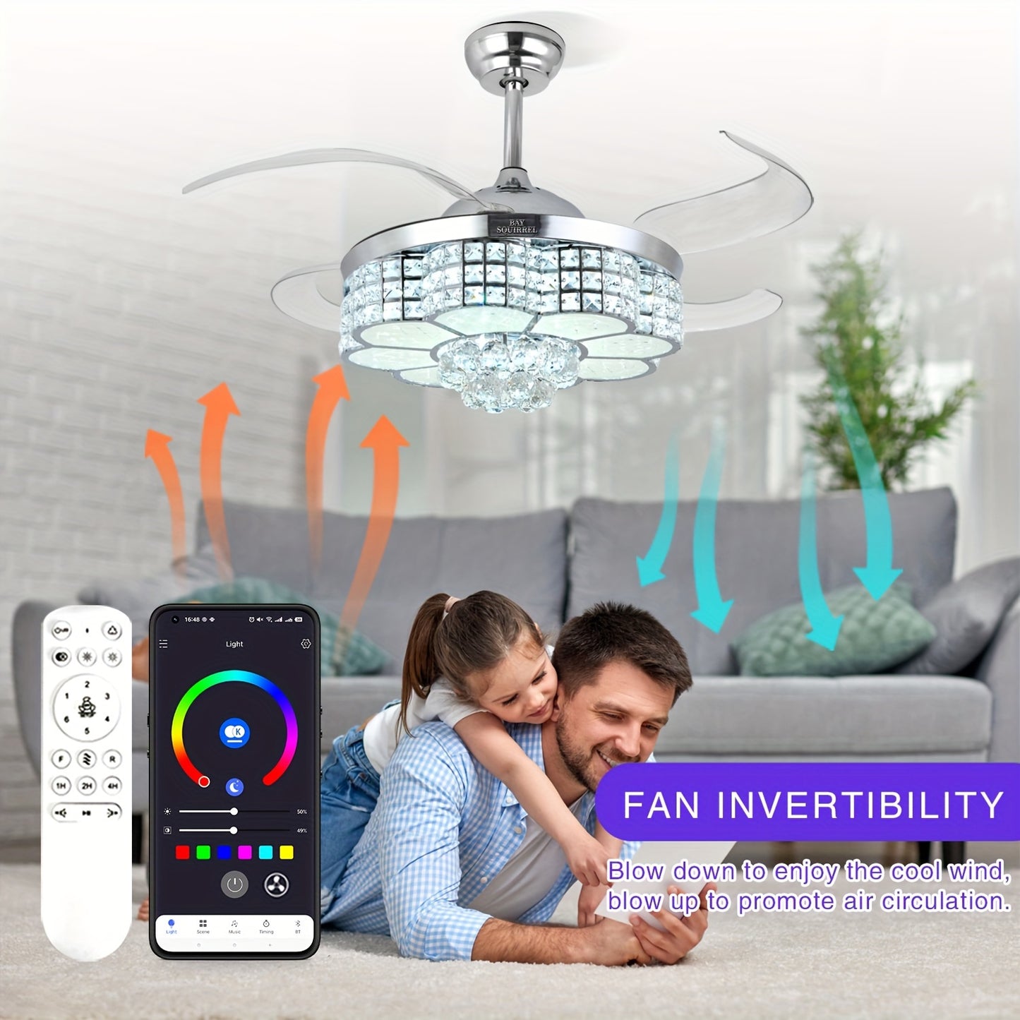 Elegant 42in Retractable Crystal Ceiling Fan with LED Lights - Remote & App Control.