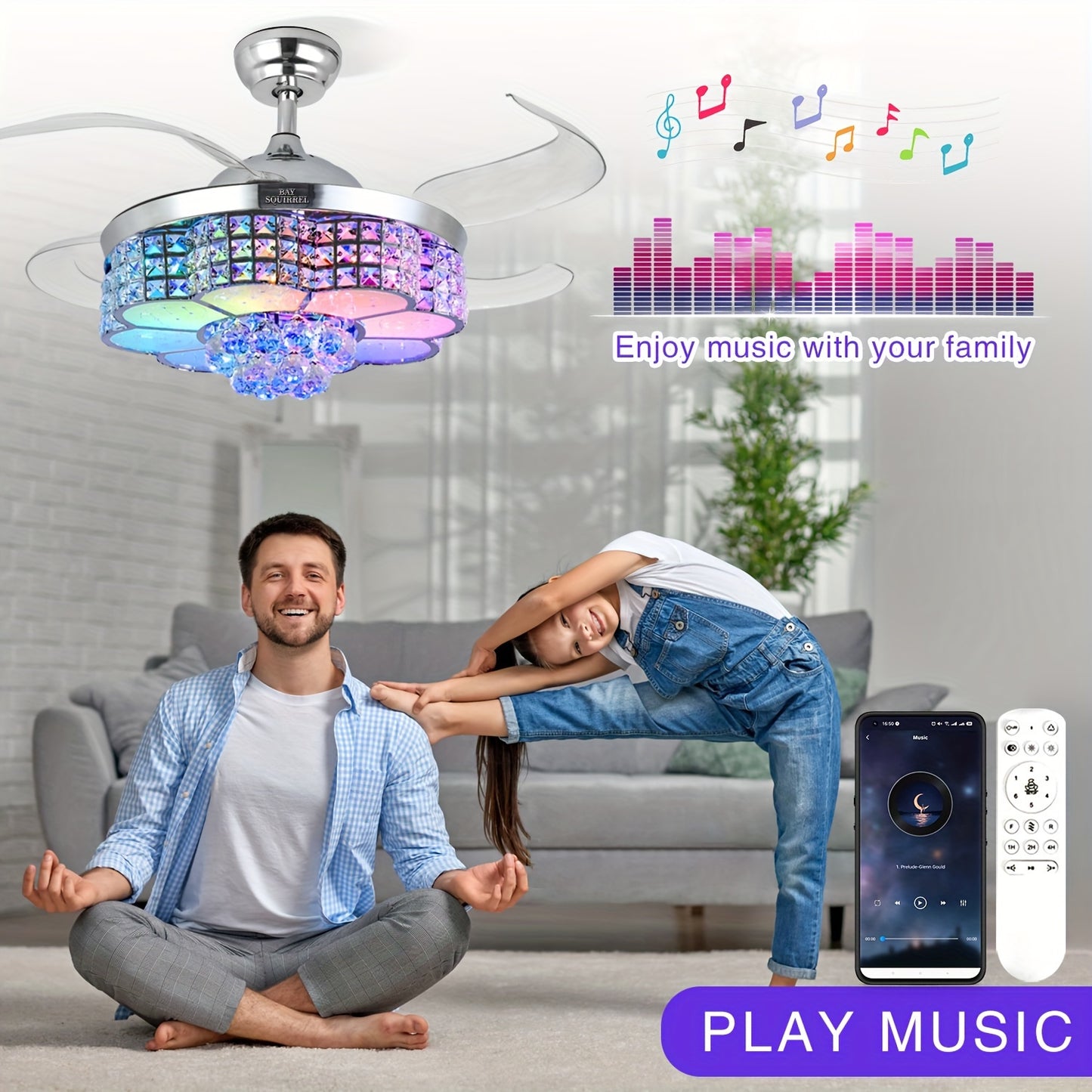 Elegant 42in Retractable Crystal Ceiling Fan with LED Lights - Remote & App Control.