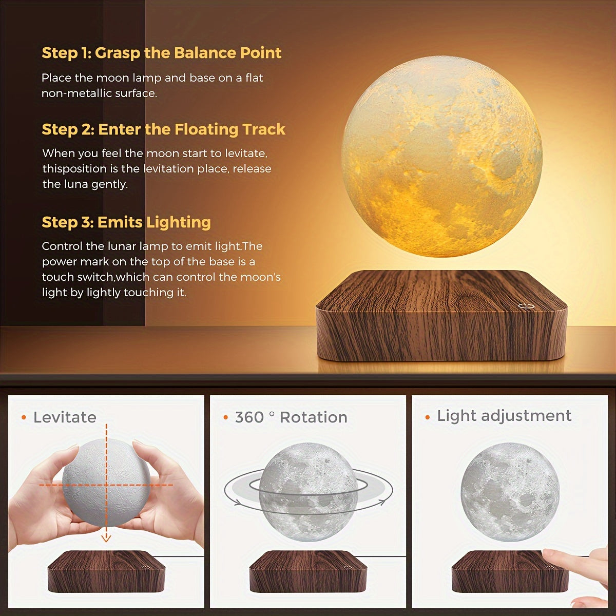Magnetic Levitating Moon Lamp - 3-Color Mode Spinning Night Light with Mesmerizing Floating Effect.