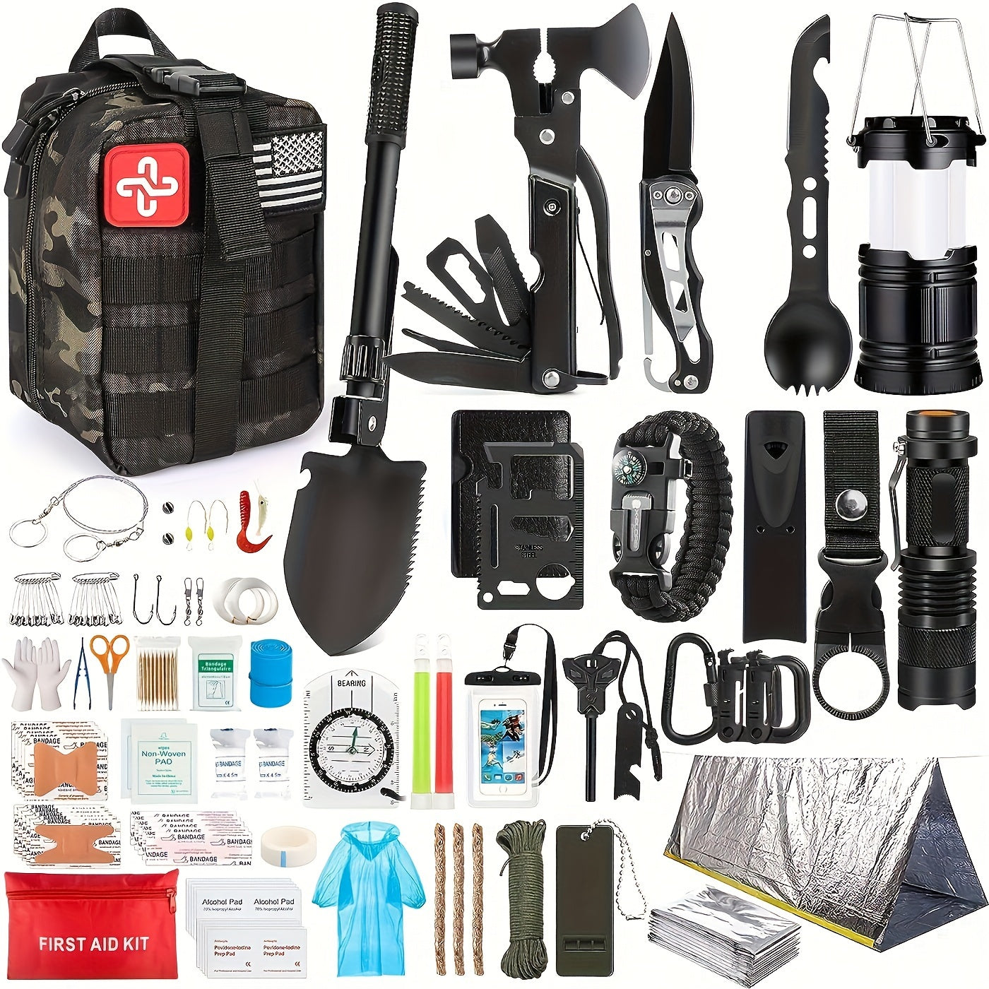 250Pcs Ultimate Survival Kit - Comprehensive First Aid Kit, Emergency Tent, Compatible Bag, and Multi-Tool.