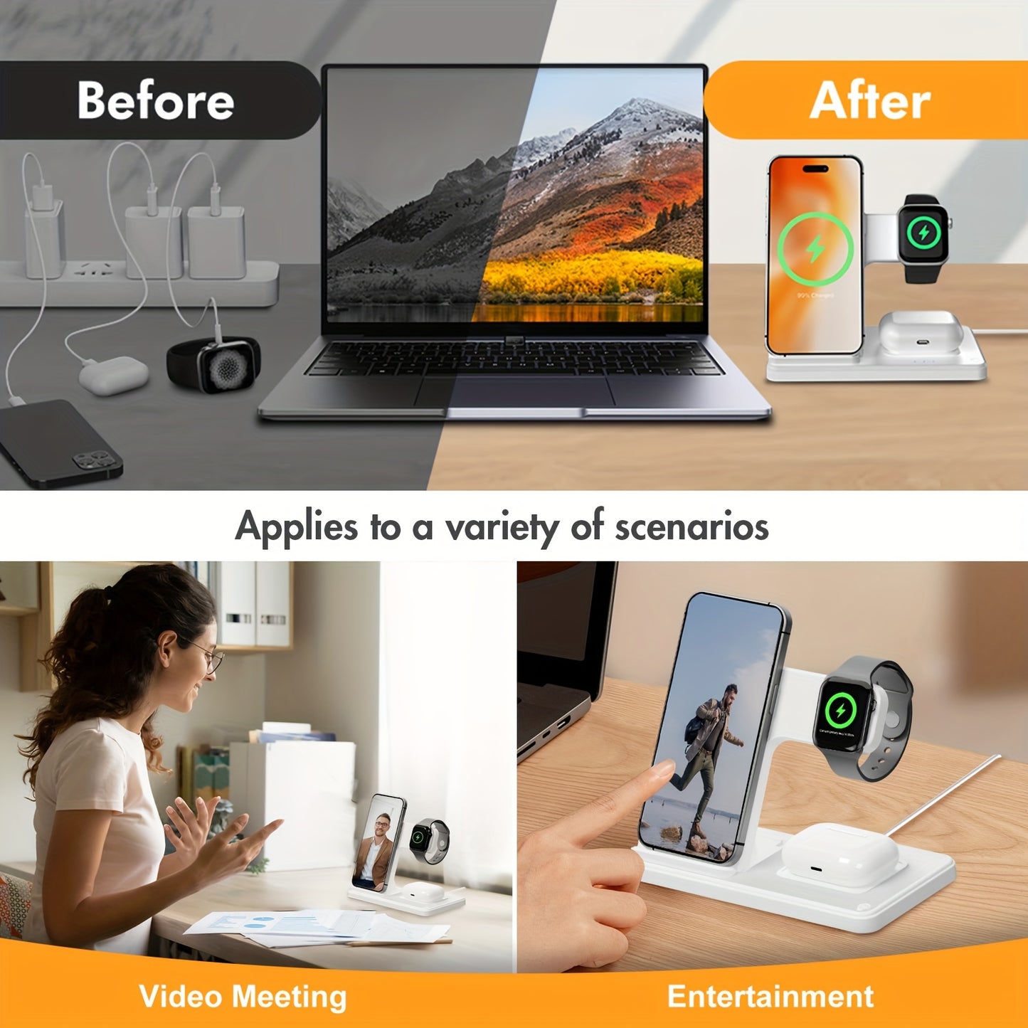 3 In 1 Foldable Portable Wireless Charger, Suitable For iPhone 15 14 Pro Max 13 12 11, iWatch 9 8 7 6 5 4 3 2 Se, Airpods 3 2 Pro, Samsung Galaxy S23 S22 S21 S20, Galaxy Note 20 10 9 8.
