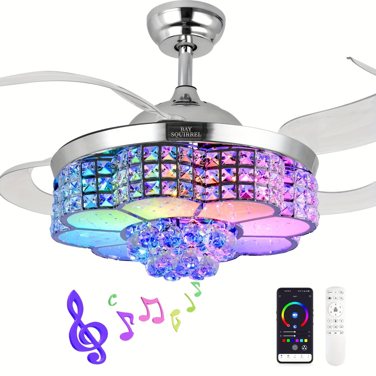 Elegant 42in Retractable Crystal Ceiling Fan with LED Lights - Remote & App Control.