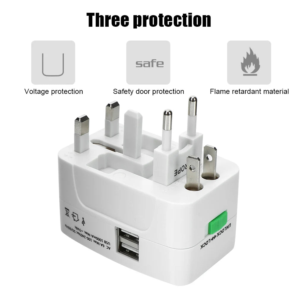 Universal AC Power Charger Adapter International Plug Adapter 2 USB Port All in One