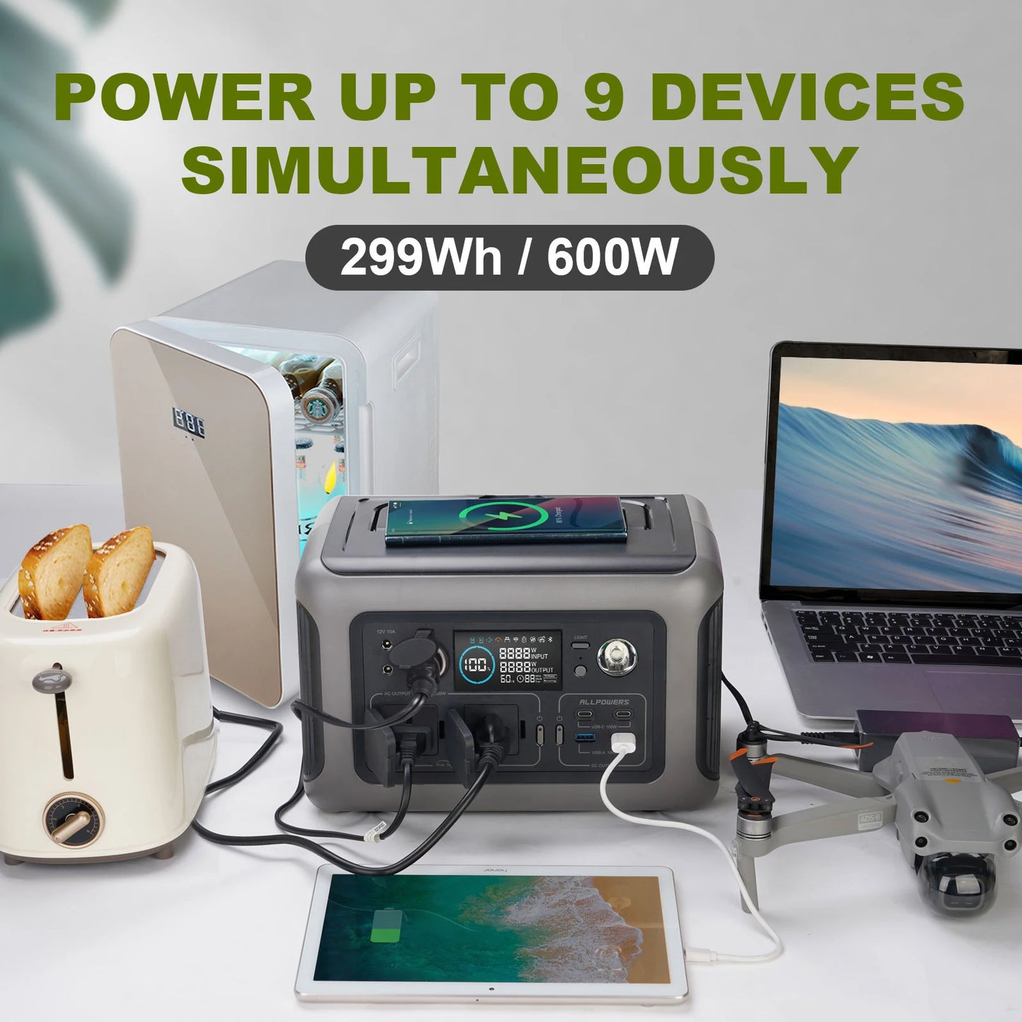 Portable Power Station R600, 299Wh LiFeP04 Battery with 2x 600W (1200W Surge) AC Outlets for Outdoor Camping RV Home