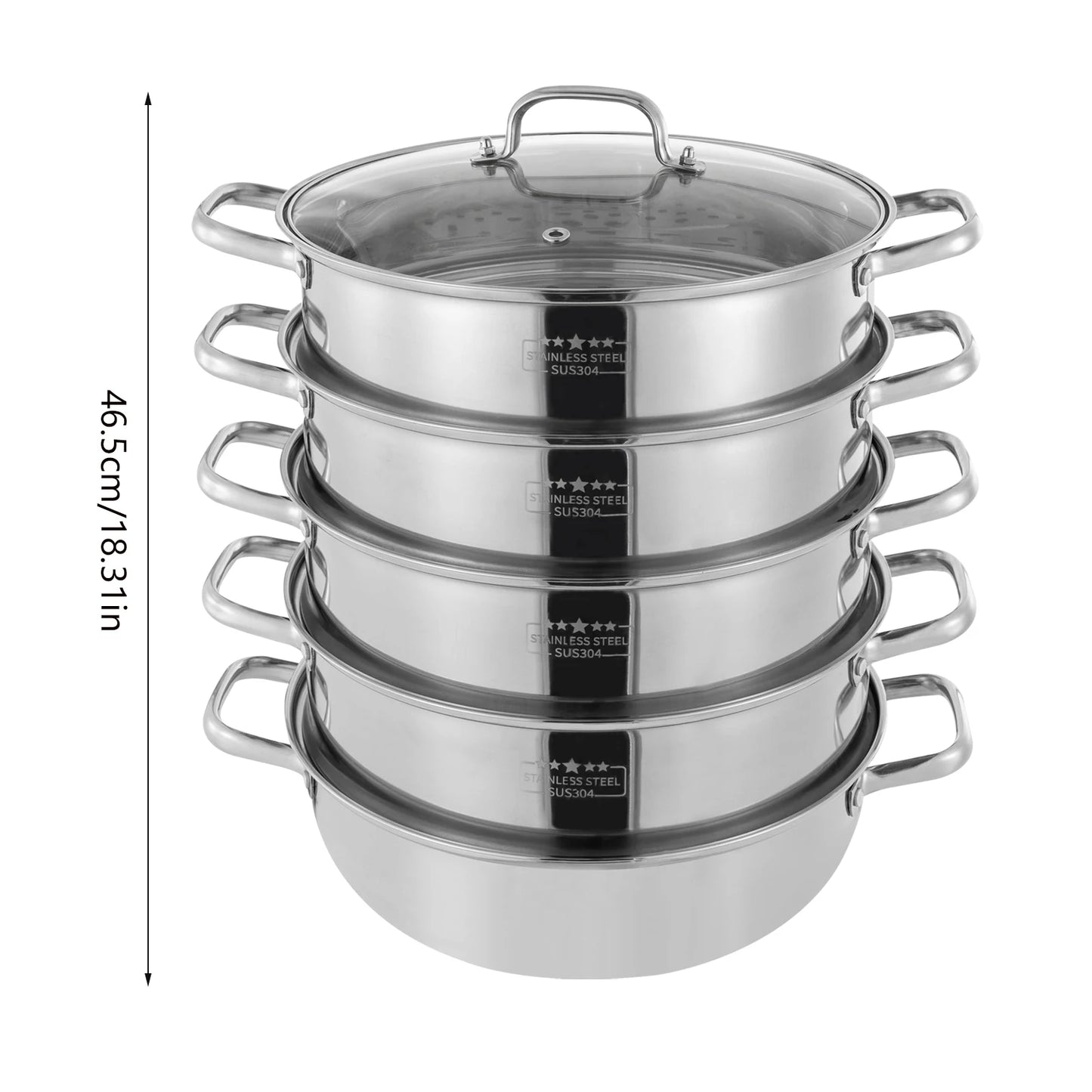 26/28/30/32cm 5 Tier Steamer Cooker Pot Stainless Steel Silver w/Glass Lid