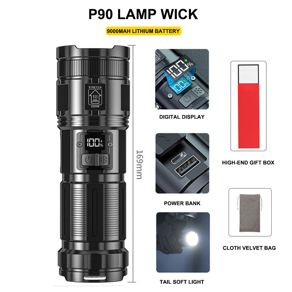 120000 Lumens Super Bright LED Flashlight Rechargeable Type C 9000 mAh XPH90 COB Torch Light with Digital Display