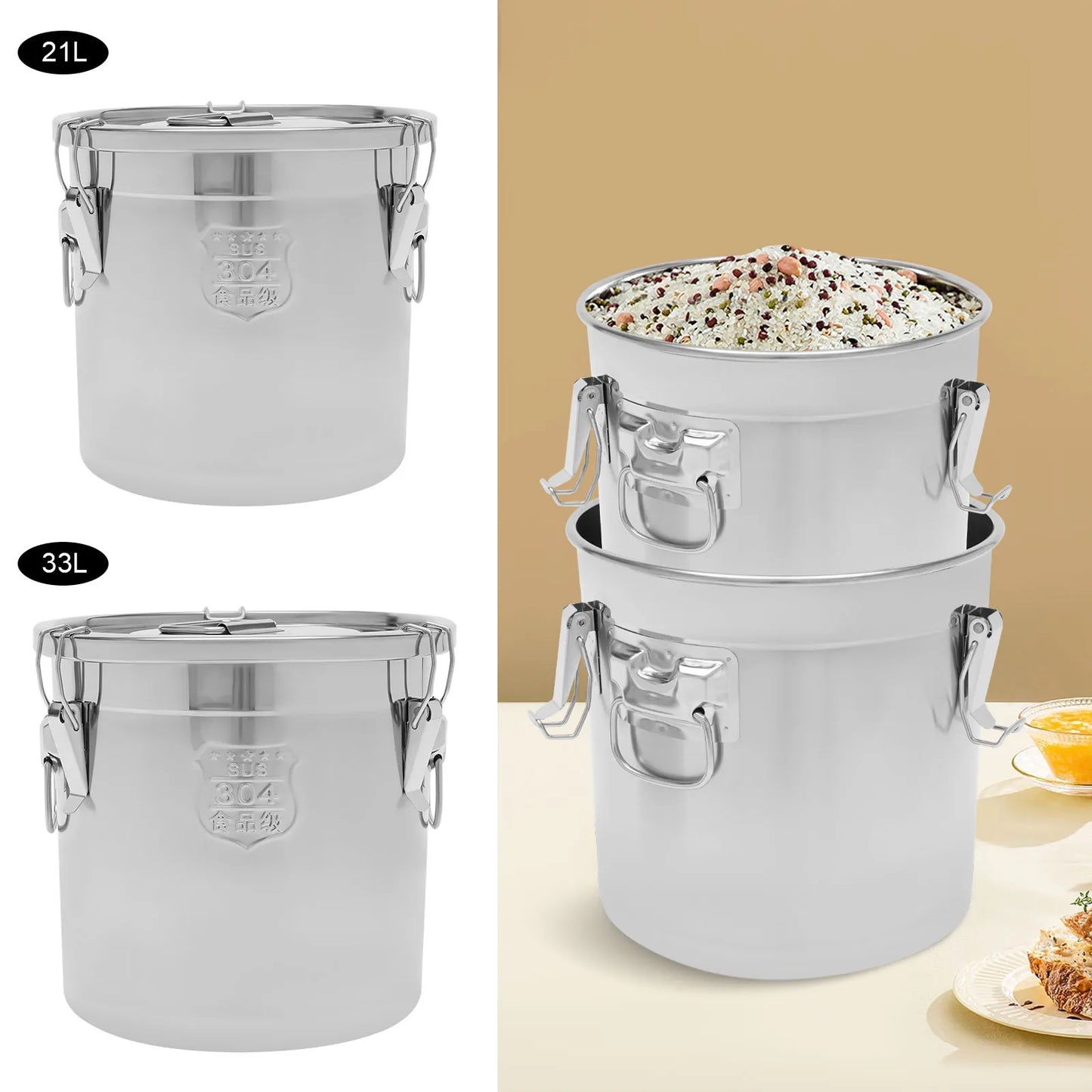 304 Stainless Steel 21L/33L Airtight Canister Household Kitchen Food Grain Rice Sealed Storage Bucket.