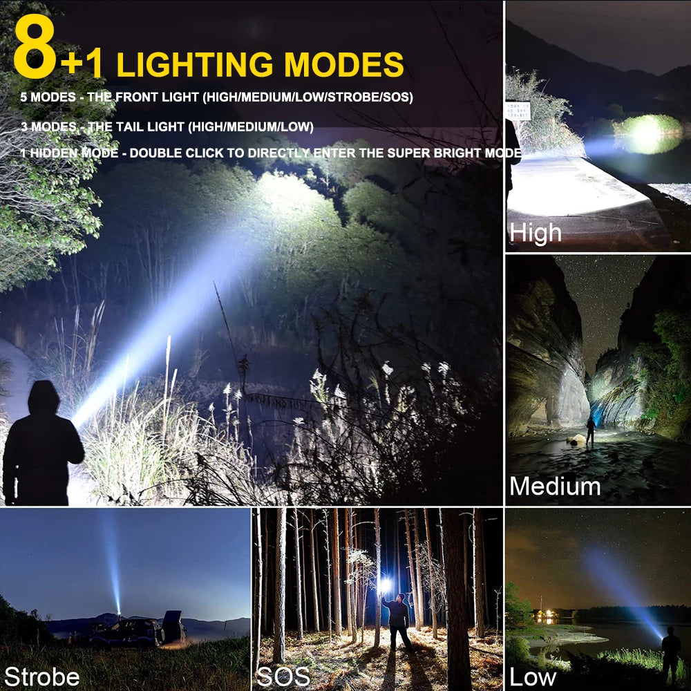 120000 Lumens Super Bright LED Flashlight Rechargeable Type C 9000 mAh XPH90 COB Torch Light with Digital Display
