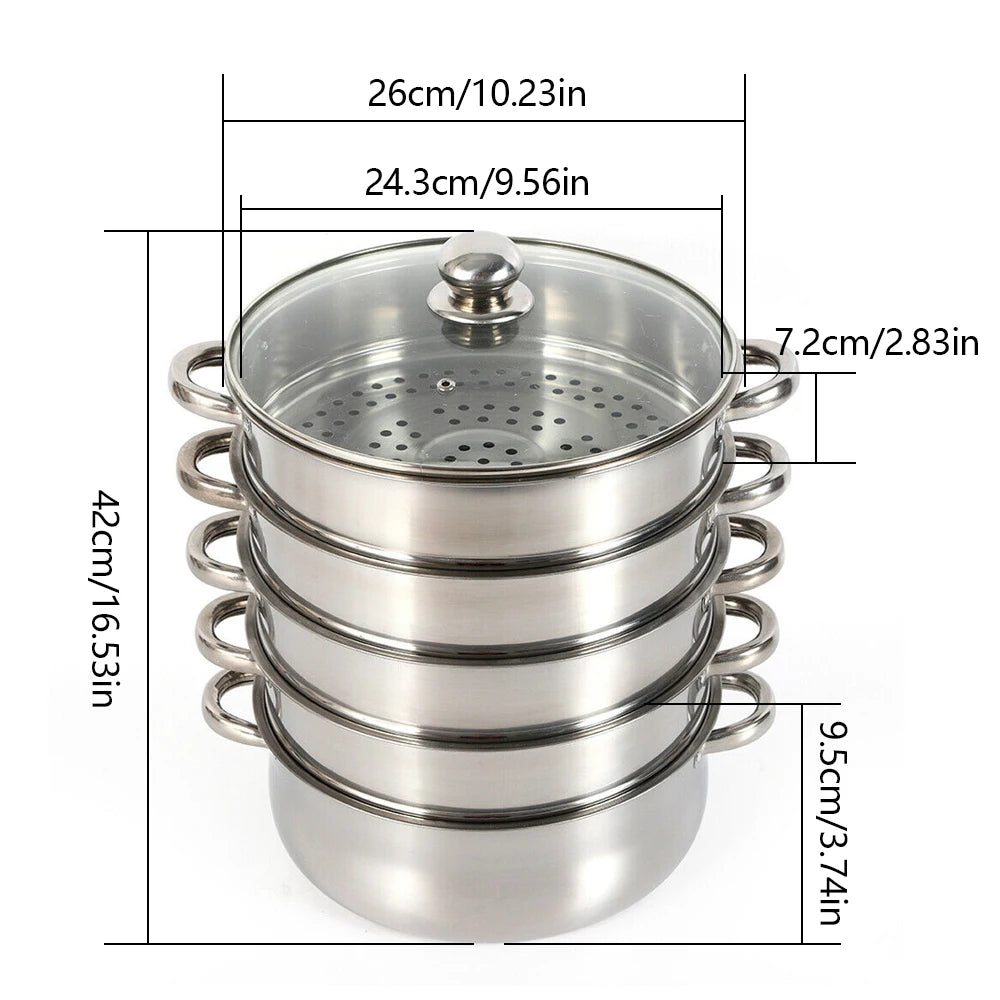 26/28/30/32cm 5 Tier Steamer Cooker Pot Stainless Steel Silver w/Glass Lid