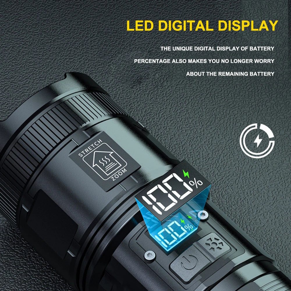 120000 Lumens Super Bright LED Flashlight Rechargeable Type C 9000 mAh XPH90 COB Torch Light with Digital Display