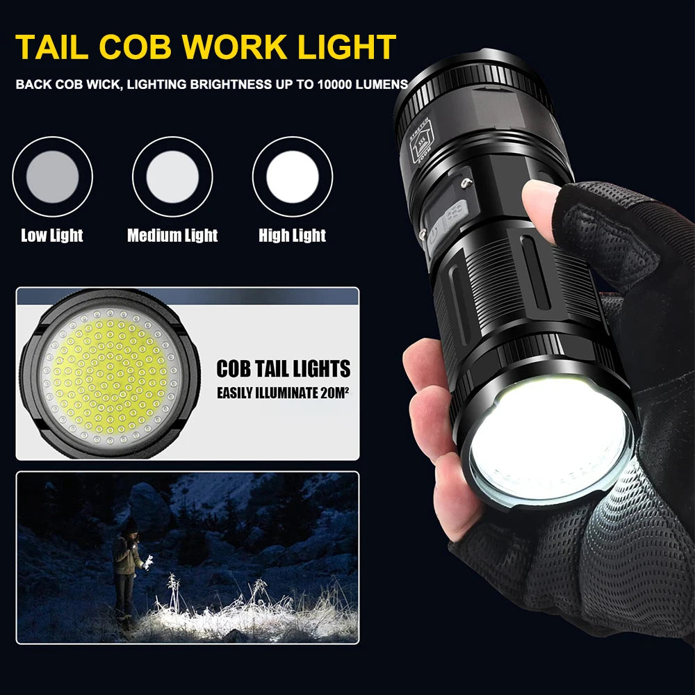 120000 Lumens Super Bright LED Flashlight Rechargeable Type C 9000 mAh XPH90 COB Torch Light with Digital Display