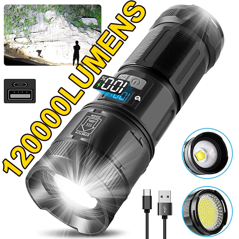 120000 Lumens Super Bright LED Flashlight Rechargeable Type C 9000 mAh XPH90 COB Torch Light with Digital Display