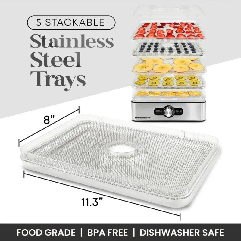 Food Dehydrator, Stainless Steel Trays, Adjustable Temperature Controls