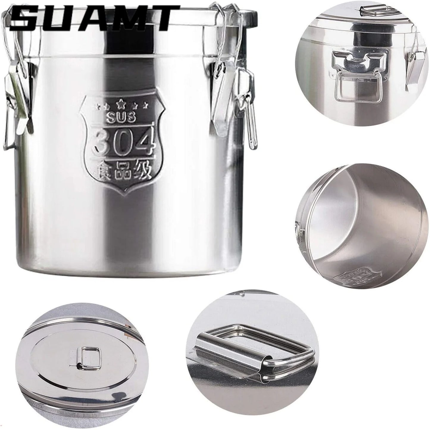 6L Stainless Steel Food Containers Grain Cereal Airtight Canister Bucket With Locking Clamp