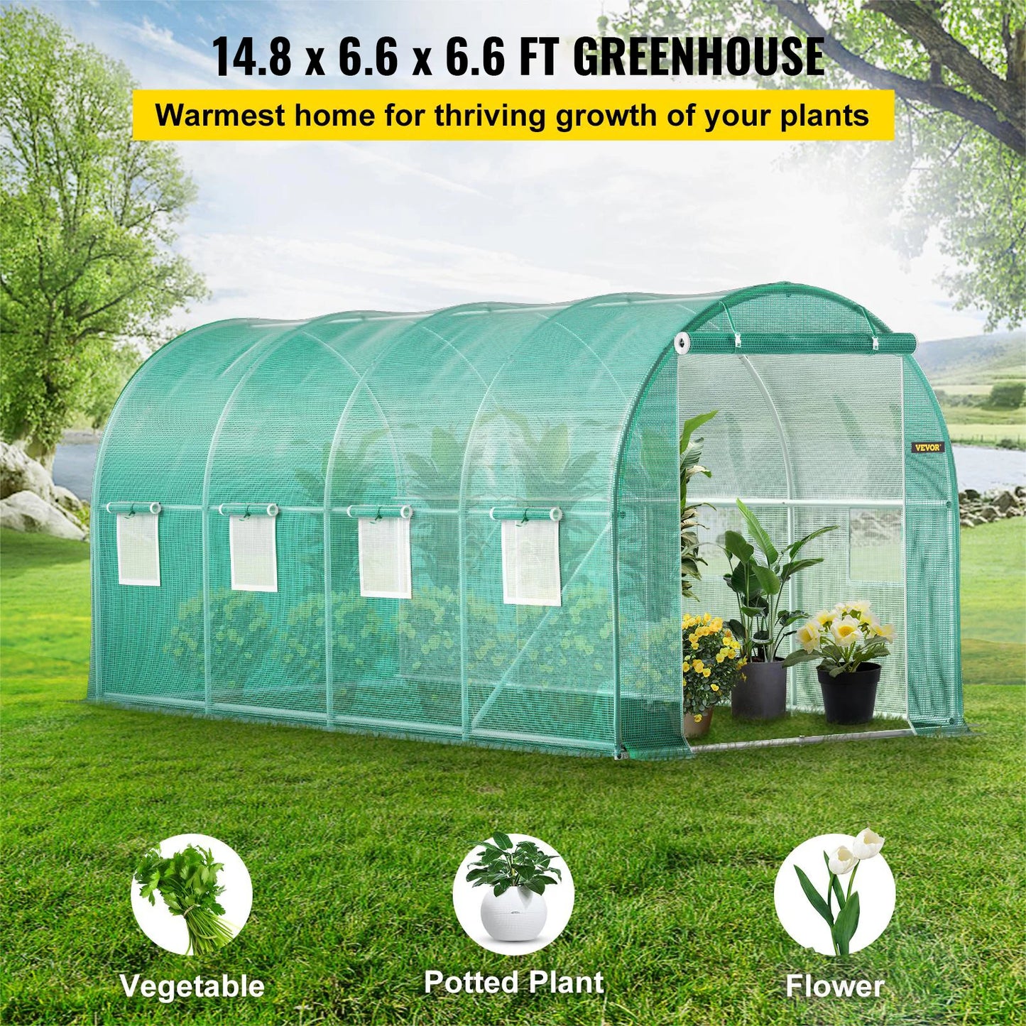 Walk-in Tunnel Greenhouse 15x7x7ft Hot House with Galvanized Steel Hoops Green-House.