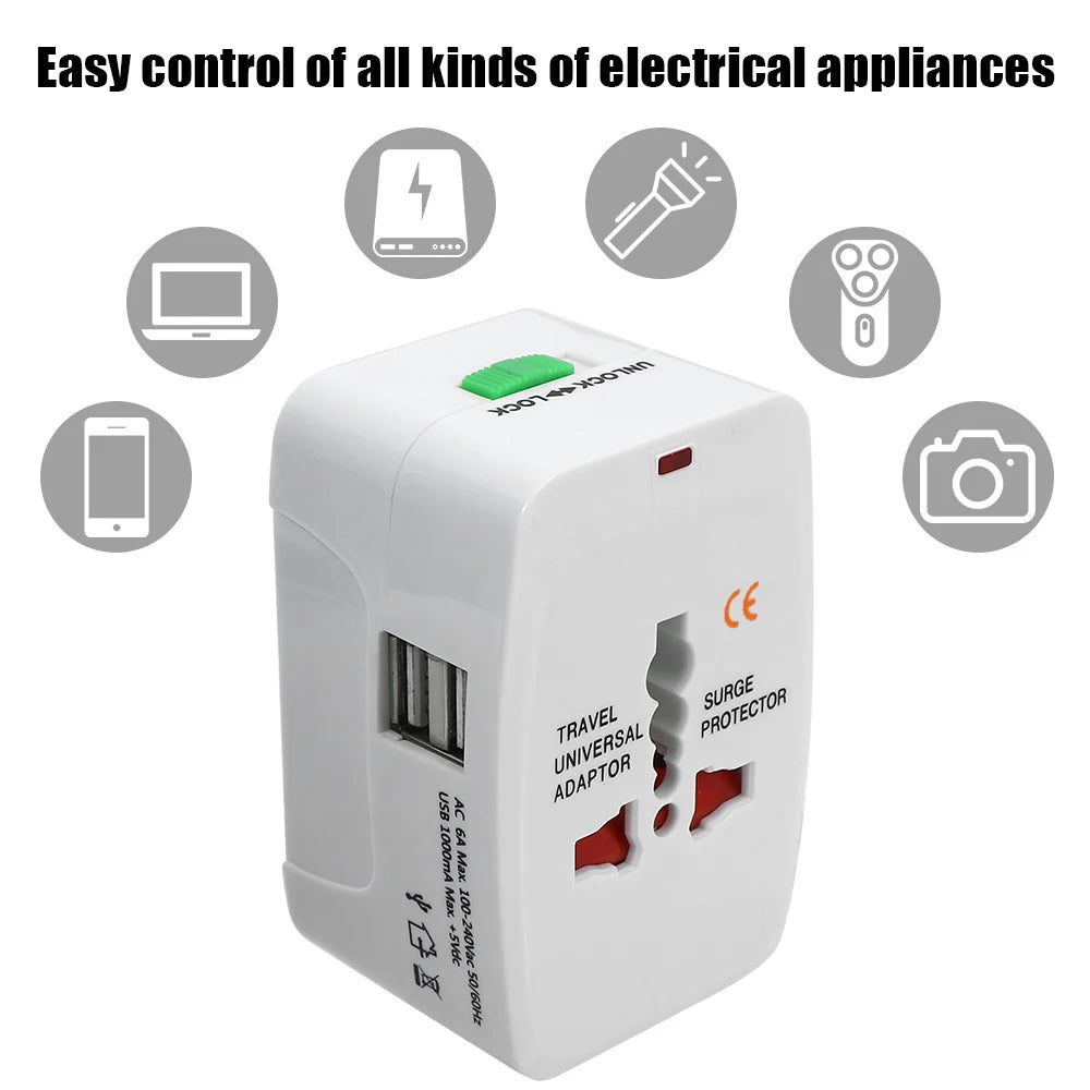 Universal AC Power Charger Adapter International Plug Adapter 2 USB Port All in One