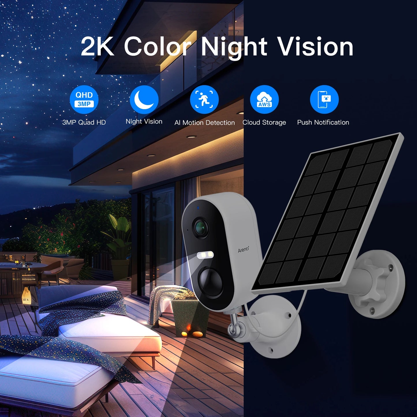 WiFi Camera Outdoor Security Camera with Solar Panel,Color Night Vision, Motion Detection, 2-Way Talk,